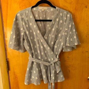 Loft Petite dot wrap top, flutter sleeve, peplum